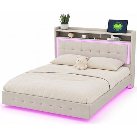 Lit capitonné 140 x 200 cm beige en tissu, avec USB, LED intégrée, tête de lit pratique et pieds invisibles, cadre stable pour chambre moderne  CHICFURN (1/5)
