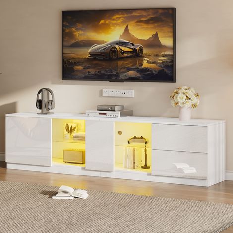 Meuble TV 160 x 40 x 52 cm - avec éclairage LED - adapté aux téléviseurs 65 pouces - laquée brillant - blanc (1/5)