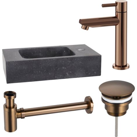 Fortifura Fuente Ensemble lave-mains - 40x22x9cm - 1 trou de robinet - pierre naturelle - robinet de lave-mains cuivre - noir