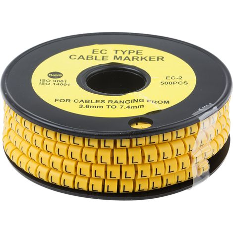 Repère câble , Ø câble 3.6 7.4mm, texte : L, Noir sur Jaune ( Prix pour Bobine de 500 )