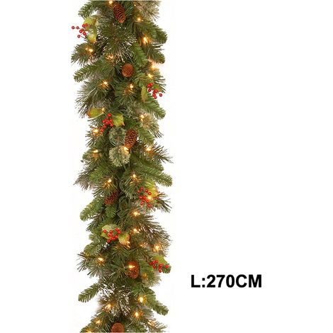 2,7 m lange rote Weihnachtsgirlande mit dichtem Tannengrün für Weihnachtsbaum, Kamin, Treppenhaus, Tür, Garten und Terrasse (1 Rolle) mit 50 LED-Lichtern (1/5)