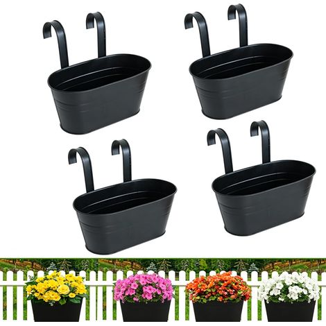 4 Pièces Pots De Fleurs Suspendus en Métal, 28Cm Jardinière De Balcon, Pot De Fleurs Suspendu avec Crochets Amovibles, Idéal pour Les Balcons, Les Balustrades, Les Jardins Et Les Murs (Noir) (1/5)