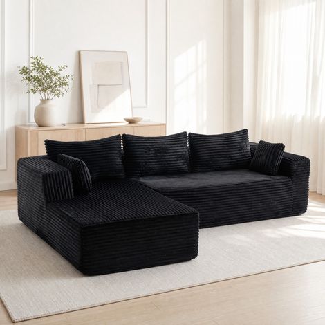 Canapé d'angle modulable 279x179x83 cm en tissu corduroy noir, gain de place pour salon FloraGrace (1/5)