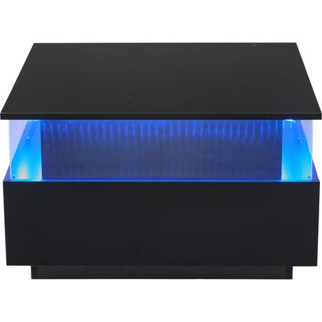 Table basse moderne noire brillante 70x70x41 cm avec LED, 2 tiroirs et espace de présentation transparent (1/5)