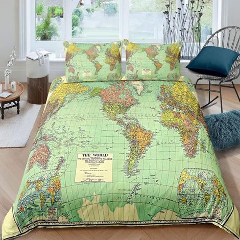 Bettwäsche-Set Weltkarte 200x200 cm 3-teilig Mikrofaser mit 2 Kissenbezügen 80x80 cm