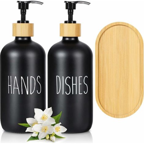 Ensemble de Distributeur de Savon en Verre, Ensemble de Distributeur de Savon pour Salle de Bain avec Plateau, Ensemble de Distributeur de détergent 500 ML pour décor de Cuisine（noir+noir） (1/5)