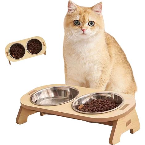 Gamelle surélevée pour Chat/Chien Double Bol en INOX avec Support en Bambou, Antidérapante pour Nourriture et Eau - MMCD-ZGL-04956 (1/5)