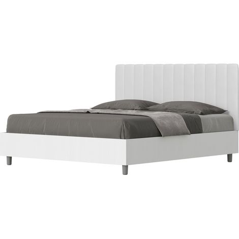 Letto Matrimoniale 160x190 cm con Rete e Contenitore Alzata Comoda Struttura Bianco Frassico e Testata in Similpelle Kaia Bianco (1/5)