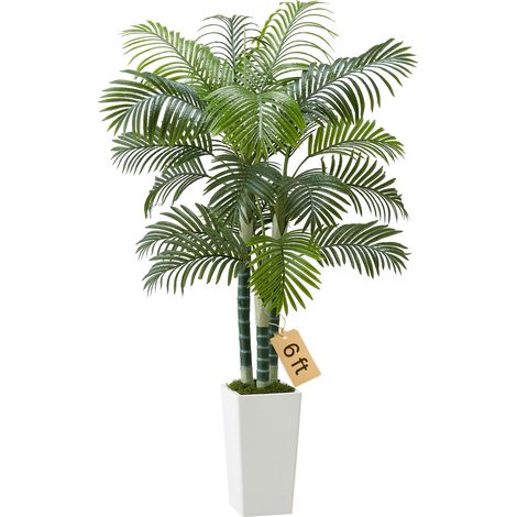 VEVOR Palmier Artificiel Areca, 1,8 m, Plante Artificielle Tropicale en Pot Blanc, Faux Arbre Tropical Palmier Areca Tronc Epais, Fausse Plante pour Decoration Interieur, Bureau, Interieur, Exterieur