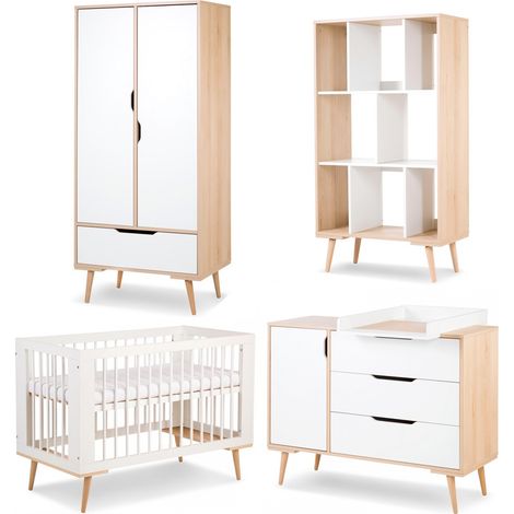 Monmobilierdesign – Chambre bébé complète scandinave – Commode à langer avec 3 tiroirs – Armoire avec penderie et rayonnages – Lit 120x60 cm en hêtre (1/5)
