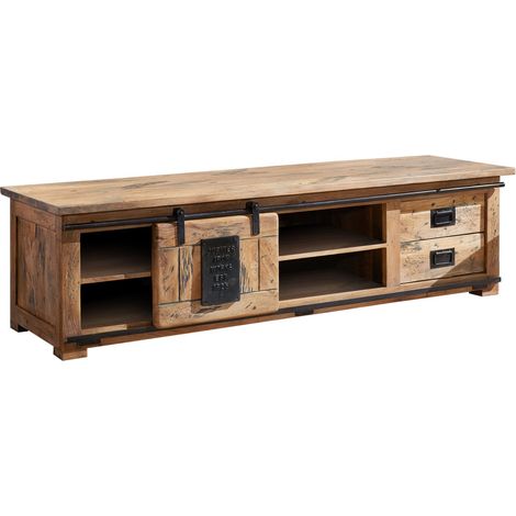 Massivmoebel24 – Meuble TV 180x55 cm en manguier laqué – Style industriel RAILWAY – Bois naturel avec éléments en fonte – Ambiance vintage (1/3)
