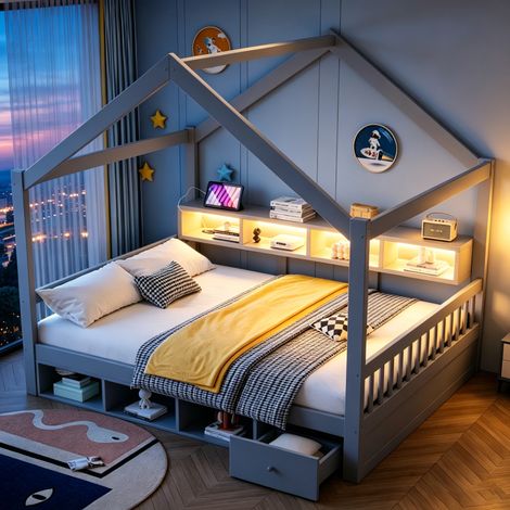 Lit cabane 140 x 200 cm, barrière de sécurité, étagères, rangements, tiroirs, rampe LED, prise électrique, sommier inclus, bois, gris (1/5)