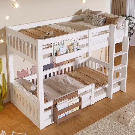 Lit superposé enfant 90x200 cm avec 2 rangements latéraux Lit enfant avec échelle et garde corps sans matelas Pin Métal MDF Blanc (1/5)