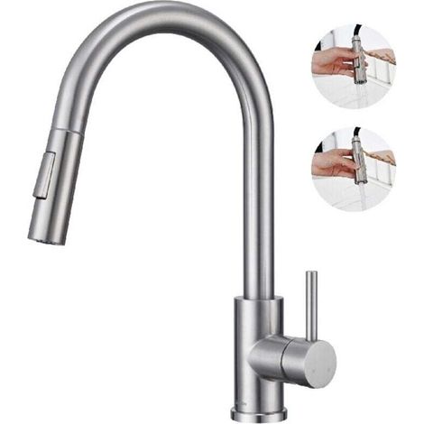 Robinet de Cuisine avec -DOUchette Extractible Mitigeur Cuisine Bec Rotatif Mitigeur d'Évier en Acier Nickel Brossé-DOU