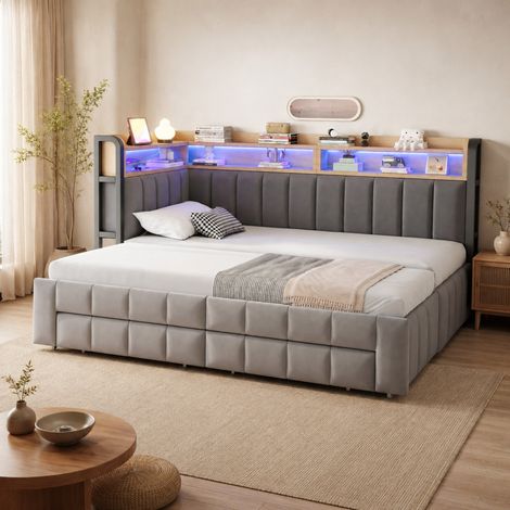 Divano letto 90x200 cm trasformabile in letto 180x200 cm, con spazio contenitivo, LED e porte USB, velluto grigio chiaro (1/5)