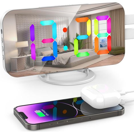 Clock of Desk LED with Mirror Color RGB Dynamique Alarm with Two Ports Load USB 6 Levels of Brightness Decoration of the Home and of the Desk White (1/5)