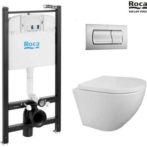 Bâti-support ROCA Active pack réservoir encastrable et plaque Chrome Mat avec WC suspendu ROUND Rimless Blanc par KP (1/5)