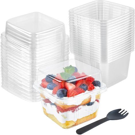 50 Pièces Gobelets à Dessert en Plastique avec Couvercles, 240ml Coupes à Dessert Carrées Coupe Apéritif Parfait Clair Bol de Service Réutilisable avec Fourchettes pour Pudding Mousse Party (1/5)