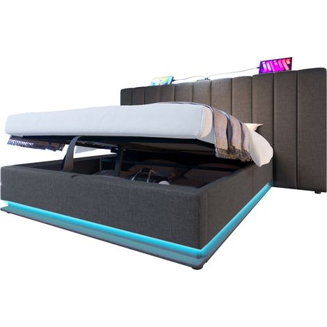 Lit coffre 160x200 avec LED 360°, USB-C et rangement hydraulique, tête de lit tissu gris, sans matelas, design moderne pour chambre adulte – CHICFURN (1/5)
