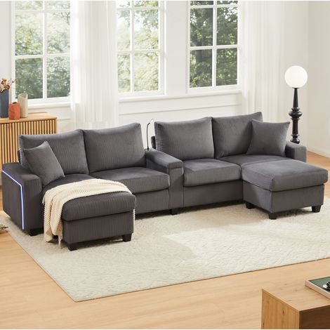 Canapé U en corduroy gris 334 x 128,5 x 81 cm avec 2 tabourets, LED et USB DESVIAE (1/5)