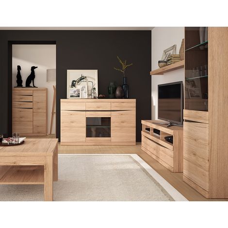 Wohnzimmer Set mit Wohnwand und Couchtisch 75x75 cm SANFORD-129 in Eiche hell Nb. (1/5)