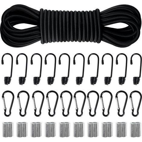Tendeur Élastique Cordon Élastique 6mm x 10m, Corde en Caoutchouc avec Crochets, Manchons de Sertissage, Mousqueton, Bungee Cord pour Kayak, Bâche de Remorque, Transport de Marchandise (1/5)