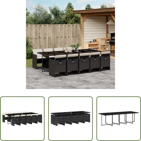 vidaXL Gartenstühle -  11-tlg. Garten-Essgruppe mit Kissen Schwarz Poly Rattan (1/5)
