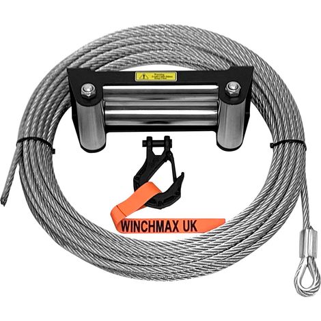 WINCHMAX 26m x 9.5mm Steel Winch Rope with Stainless Steel Roller Fairlead and3/8 inch Clevis Tactical Hook Hook