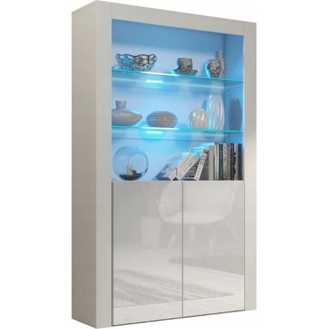 Dusine – Vitrine JIVE 90 cm blanc laqué avec lumières LED bleues – Mélaminé certifié FSC – Dimensions 90x35x170 cm – Fabrication européenne
