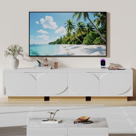 Comanlai - Meuble TV Blanc Moderne 175 cm avec Prises Intégrées et Ports USB - Rangement 4 Portes pour Téléviseurs jusqu'à 80 Pouces (1/5)