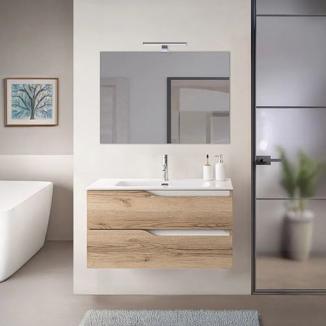 Mobile bagno sospeso 100cm quercia e bianco con lavabo e specchio Sumya (1/5)