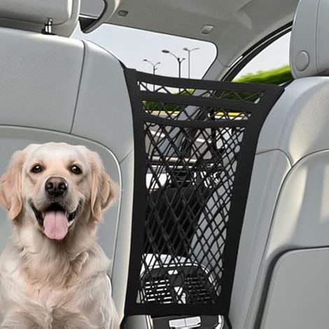 Barrière de Voiture pour Chien 3 Couches, Filet de Séparation Auto en Maille Élastique 4 Côtés, Organisateur de Siège Entre les Sièges Avant, Sac de Rangement Rétractable pour Enfants (Noir) (1/5)
