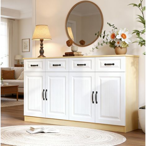 Aparador de 160x35x80 cm con 4 cajones y 4 puertas, MDF blanco y madera natural (1/5)