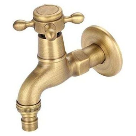 Grifo de pared vintage de latón macizo, monomando de agua fría para inodoro, baño, jardín y lavadora (corto)