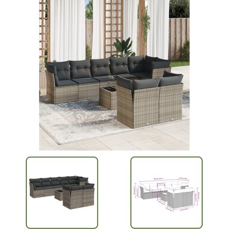 The Living Store 9-tlg. Garten-Sofagarnitur mit Kissen Grau Poly Rattan - Gartenmöbel - Rattan Möbel - Gartenset - Lounge Set - Esstisch