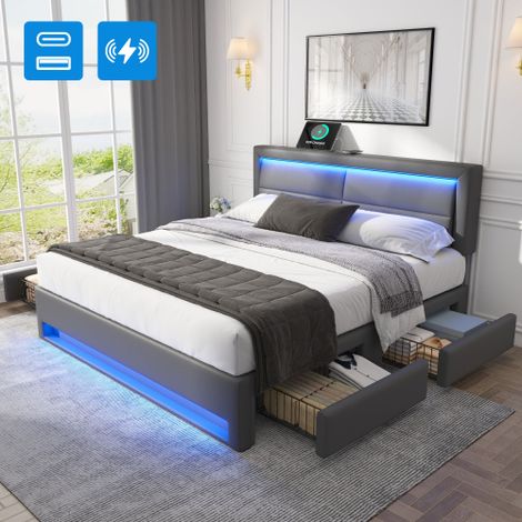 Cama adulto - cama 140x190 cm - USB, LED, 4 cajones - PU gris - Sin colchón (1/5)