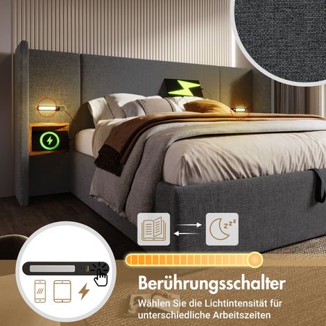 Lit double capitonné 180x200 cm avec chevet intégré, lampe de chevet et port USB-C, structure en bois massif et métal avec sommier à lattes, rangement sous lit, gris lin, sans matelas (1/5)