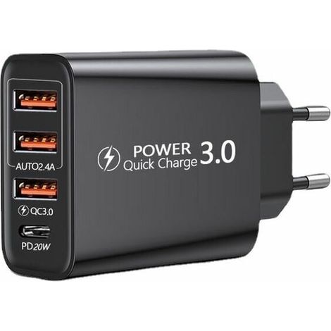 Quick Charge 3.0 USB-Wandladegerät und USB-C-Kabel, QC 3.0 30 W/6 A, 4 Ports, schnelles Wandladegerät, universelles Mehrfach-USB-Netzteil für Samsung Galaxy S10/S9/S8 Plus/Note 8, Huawei (1/4)