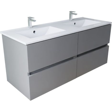 Meuble double vasque 120 cm ROSALY INOX- Gris- Plan vasque en Céramique (1/4)