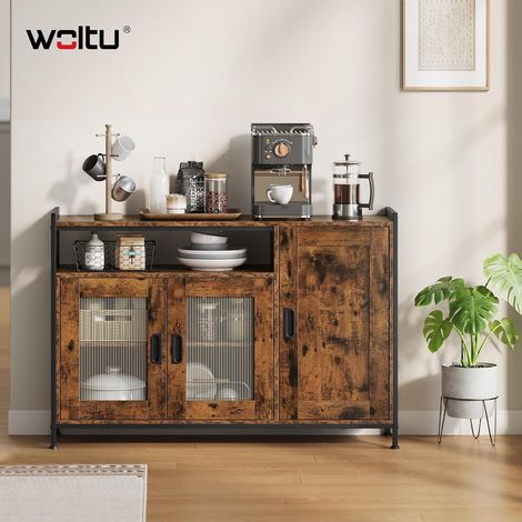 WOLTU Credenza da Cucina, Mobile Buffet da Terra con 3 Ante e 2 Ripiani Regolabile, per Sala da Pranzo, Cucina, Salotto, Ingresso, Marrone Rustico