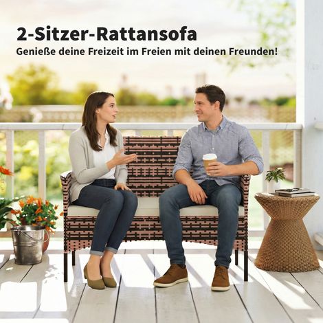 Canapé d’extérieur 2 places en rotin synthétique, banquette de jardin avec coussins, patins antidérapants, armature en acier, couleur kaki (1/4)