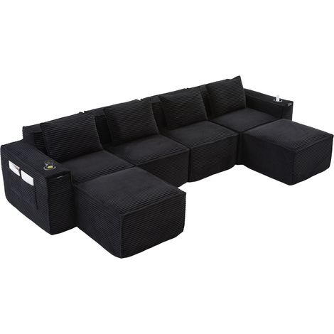 ELVMI Divano Modulare 4 Posti con 2 Pouf, Portabicchieri e Tasche Laterali in Velluto a Coste Nero (1/5)