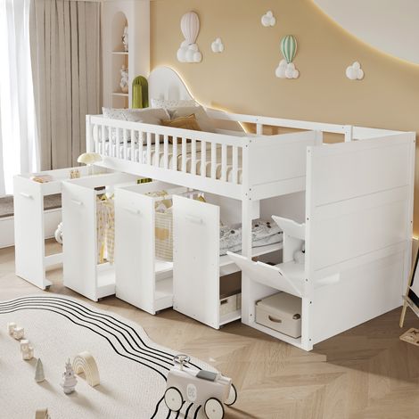 Lit superposé multifonction 90×200cm enfant,protection chute rampe,bureau/armoire/casiers,2 casiers escalier pin+MDF blanc (1/5)