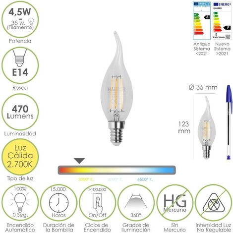 Bombilla Led Filamento Vela Llama E14. 4,5 Watt. Equivale A 35 Watt. 470 Lumenes. Luz Calida 2700º K.
