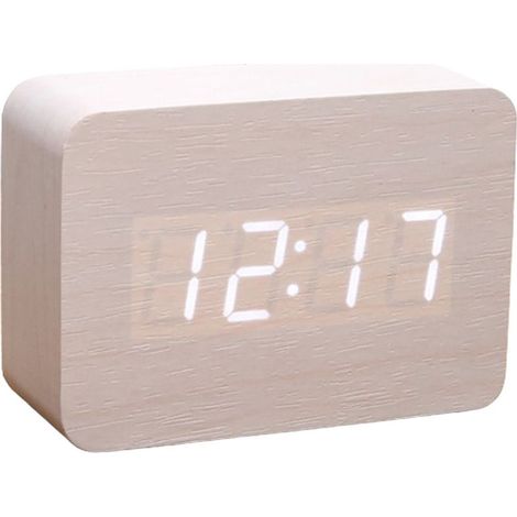 Réveil numérique en bois, luminosité réglable, commande vocale, affichage LED rectangulaire, heure et température, décoration intérieure
