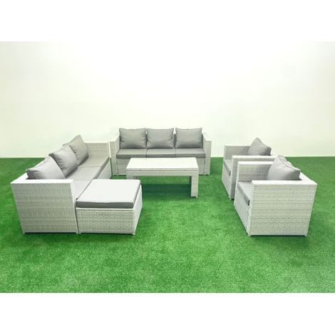 Fimous Outdoor Garden Furniture Rattan Sofa Set with 2 Armchairs Oblong Coffee Table Big Footstool Light Grey Mixed (1/5)