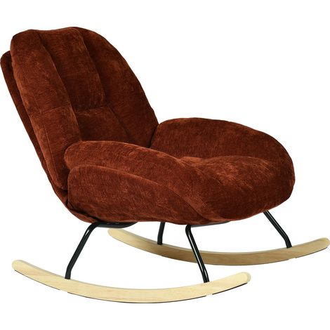 Meuble Cosy Fauteuil à Bascule Scandinave, Rocking Chair en Tissu Chenille, Chaise à Bascule Allaitement, Pieds en Bois d’Hévéa, pour Salon Chambre, Rouge (1/5)