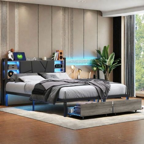 Bett 140x200 cm - Bett mit 2 Schubladen - LED RGB - PU Kopfteil - Schwarzes Design