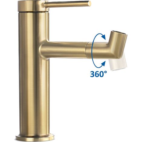 Rubinetto Lavabo Bagno con Beccuccio Rotante a 360°,Miscelatore Lavabo per Bagno oro spazzolato, Rubinetto Lavabo con gorgogliatore removibile, Regolabile per acqua calda e fredda