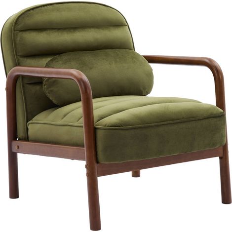 Fauteuil scandinave bois d'hévéa teinté noyer et tissu velours kaki